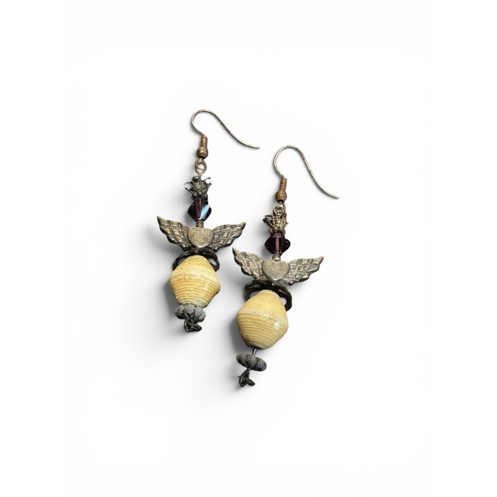 Angel Drop Earrings Cream Antiqued Silver Tone Purple Whimsigoth